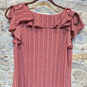 Worthington (S) Ruffled boat-neck blouse Coral Pink/Black